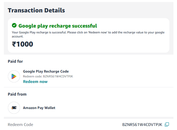 Rs. 1000 Google Play Redeem Code